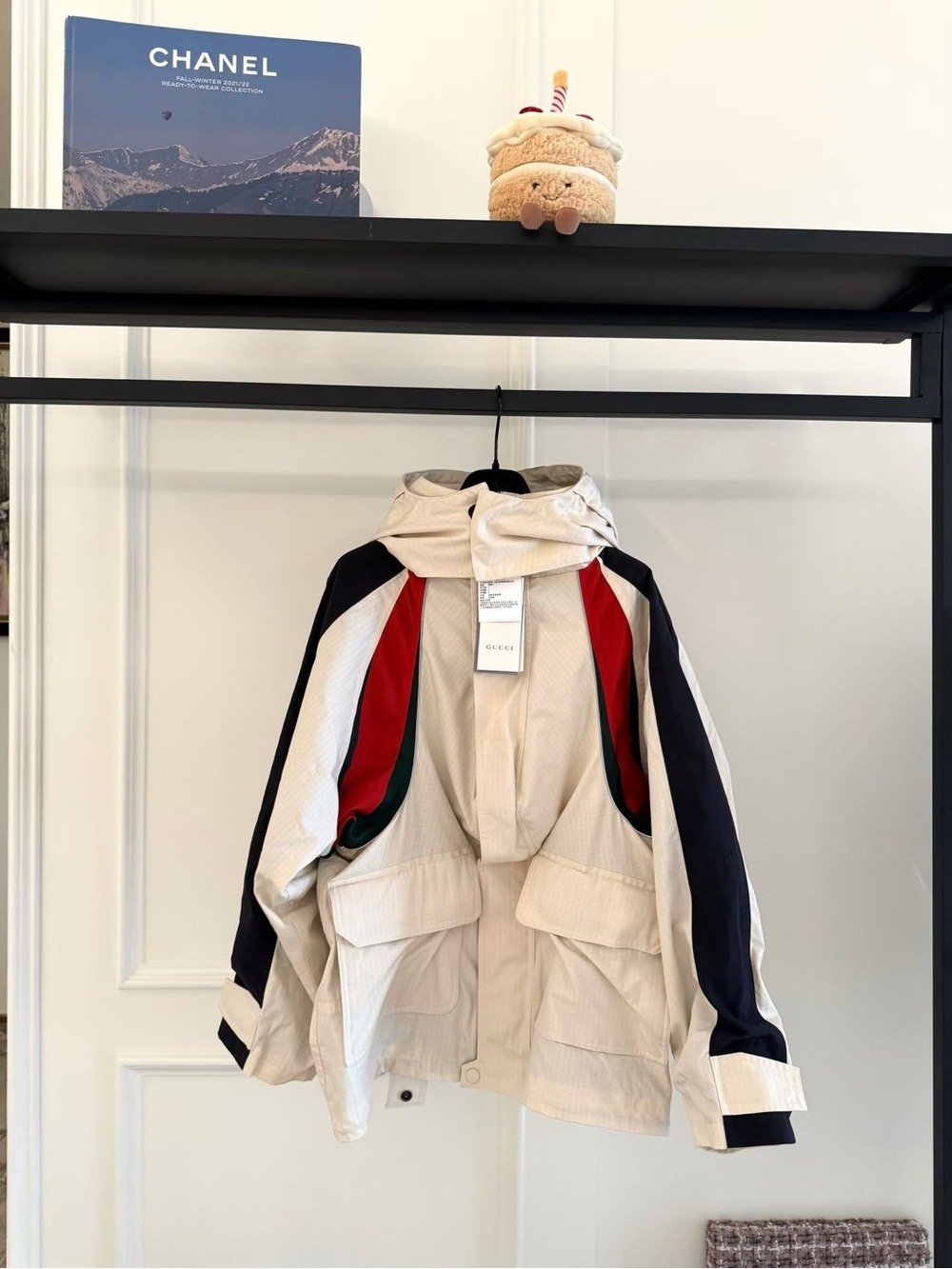 Gucci Black Jacket Interior with White Label and Red Stitching
